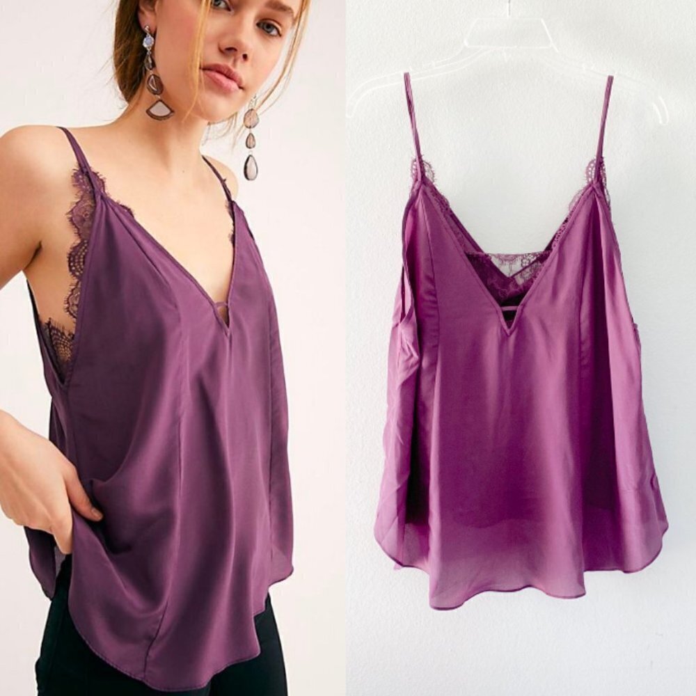🦋 FREE PEOPLE Intimately Purple Lace Tank Top V Neck Lost Dreams Silk Cami M